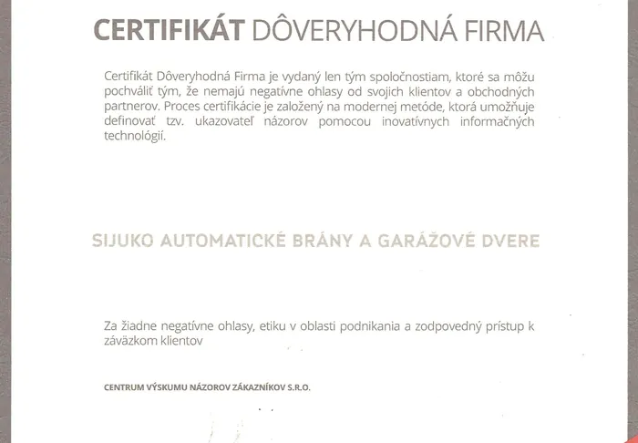 Certifikát Dôveryhodná firma 2015